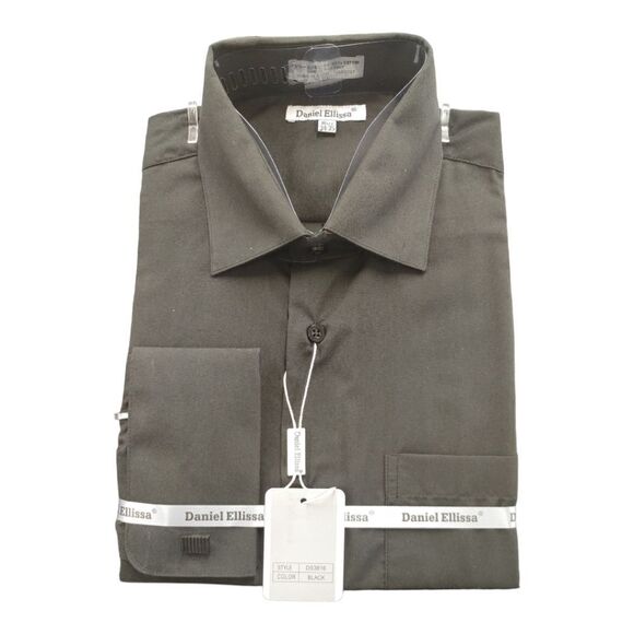 MEN'S DANIEL ELLISSA SEMI SPREAD COLLAR BLACK FRENCH CUFF DRESS SHIR - Picture 3 of 4